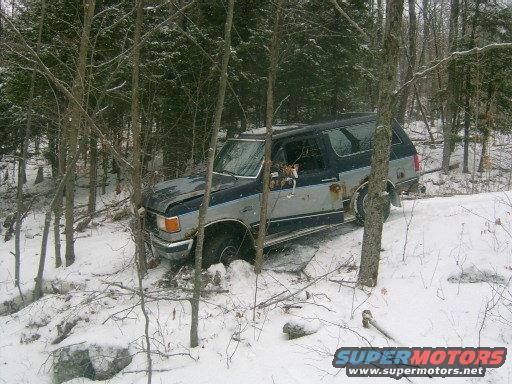 Ford Bronco stuck in snow off-road, trees around