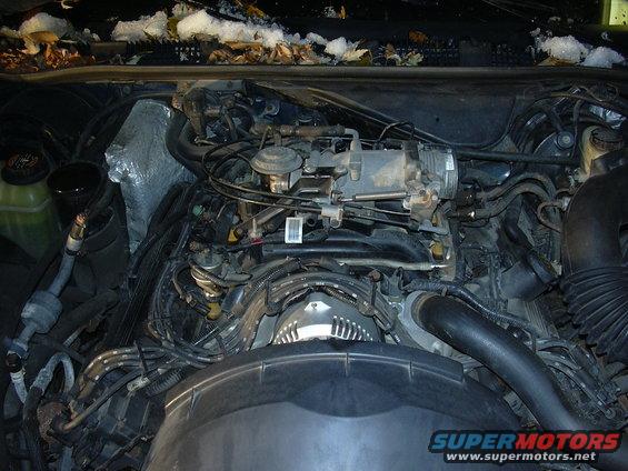 1996 Ford Crown Victoria engine bay with snow and leaves on top