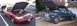 1999 Ford Crown Victoria - Two cars, a red 1999 Ford Crown Victoria and a blue coupe, are parked with their hoods open.