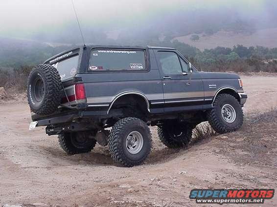Dark gray Ford Bronco with spare tire on rear bumper, driving on dirt terrain