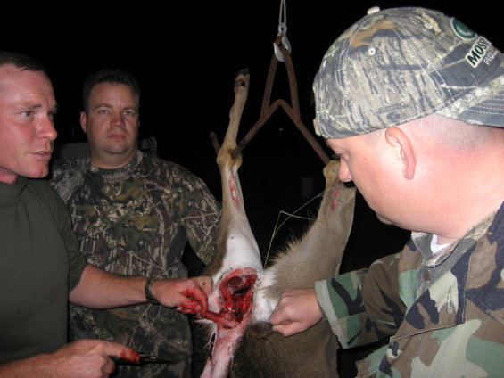 Three men in camouflage clothing field dressing a deer hanging from a hoist