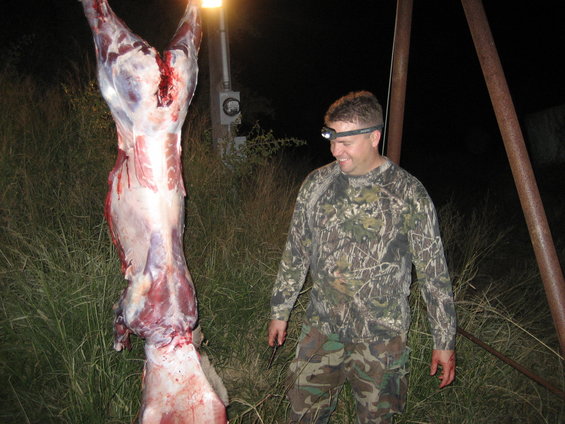 Hanging animal carcass with a man in camouflage standing nearby at night