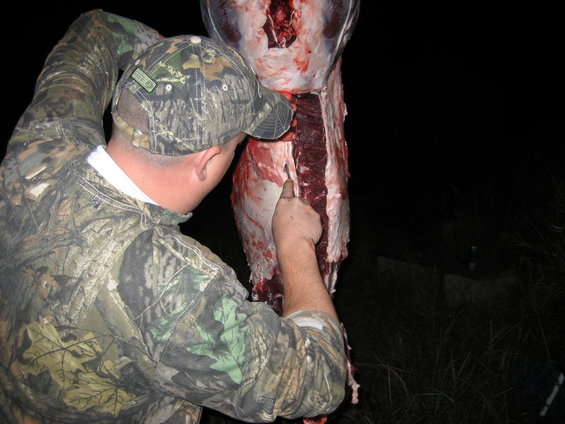 man in camouflage butchering a large animal carcass outdoors at night