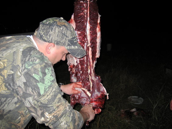 Man in camouflage field dressing a large animal carcass outdoors at night