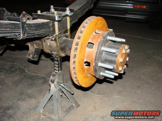 close-up of a vehicle's rear axle assembly with leaf springs and a brake rotor, supported by jack stands