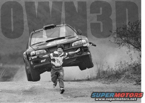 Rally car airborne over a child, "OWN3D" graphic overlay