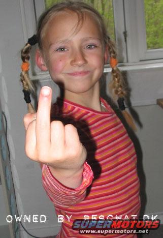 Girl giving the finger, text overlay 'OWNED BY DESCHAT.DK SUPERMOTORS www.supermotors.net'
