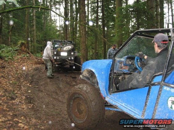Blue off-road vehicle interior with blue steering wheel, driver wearing gloves. Another off-road vehicle is in the background