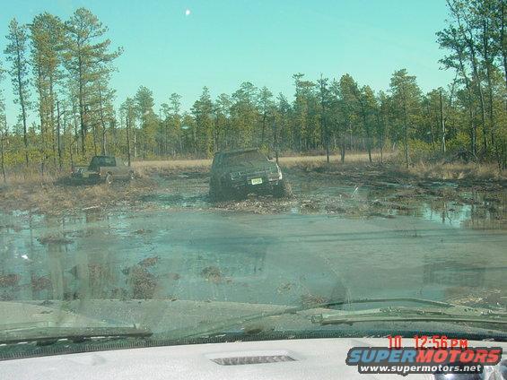 Two trucks stuck in a muddy, wooded area. One is partially submerged