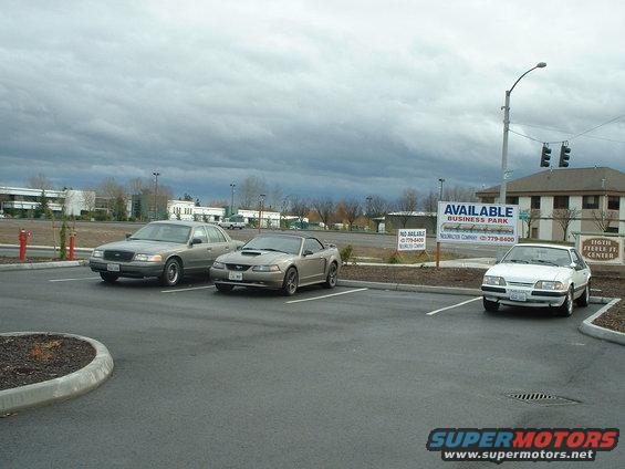 Gray Crown Victoria, silver Mustang convertible, and white Fox body Mustang parked in lot
