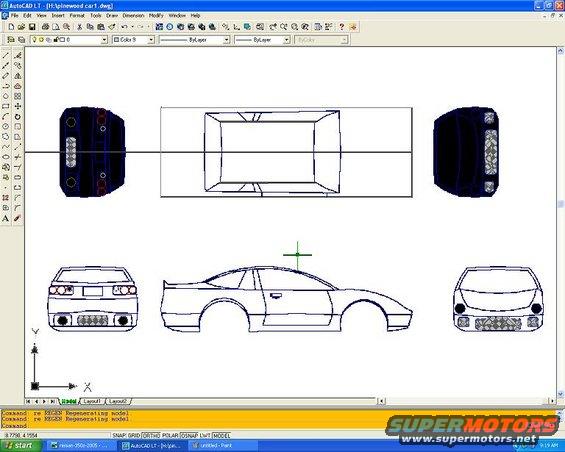 AutoCAD drawing of a car with front, side, and rear views. Includes Supermotors.net logo