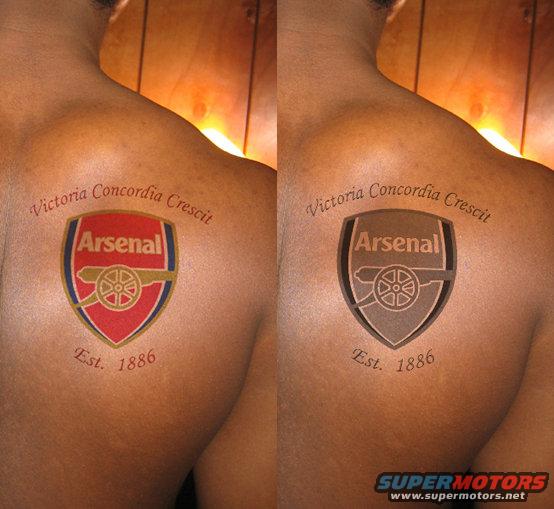 Tattoo of Arsenal crest on a person's shoulder blade, with text 'Victoria Concordia Crescit' and 'Est. 1886'