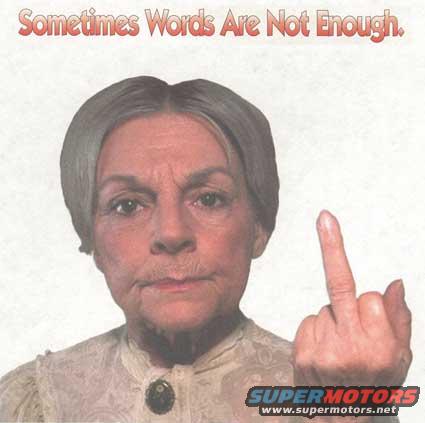 woman with gray hair gives middle finger, text says "Sometimes Words Are Not Enough."