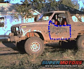 1984 Ford Bronco, 3/4 front view, brown. Door outlined in blue