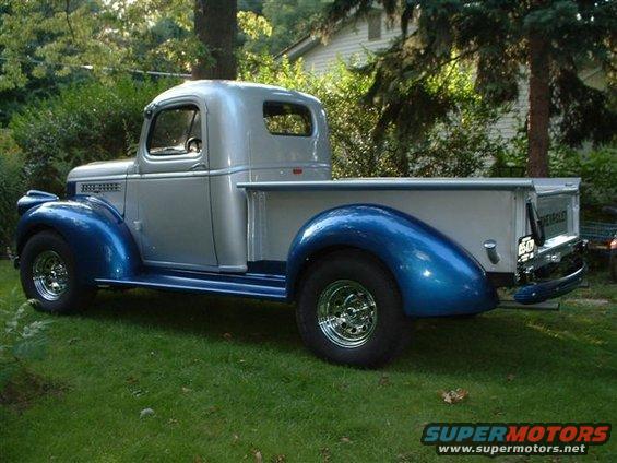 Silver and blue 1946 Chevrolet C/K Pickup truck, 3q-front view