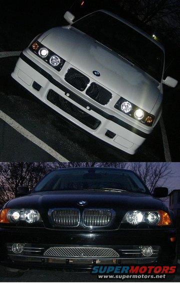 White BMW E36 front end with headlights on, parked. Below it, a black BMW E46 front end