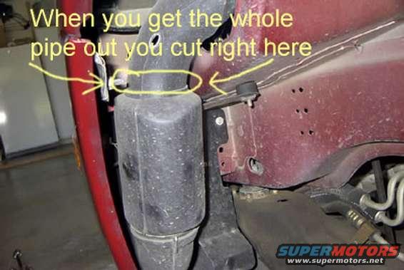 Black air intake component with yellow arrows pointing to a cut line on a red vehicle frame
