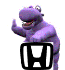 Purple hippopotamus waving next to a black Honda logo