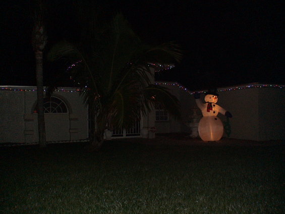 Inflatable snowman and Christmas lights on a house at night