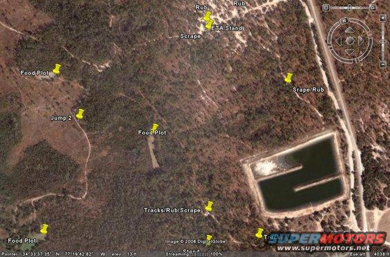 Aerial view of wooded area with a pond, marked with yellow pins for food plots, rubs, and scrapes