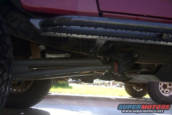 Underbody view of a vehicle showing sliders and suspension components. Text overlay reads SUPERMOTORS