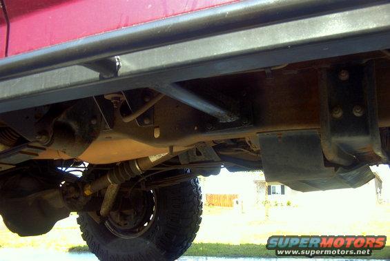 Underside of red vehicle showing sliders, suspension, and rear axle