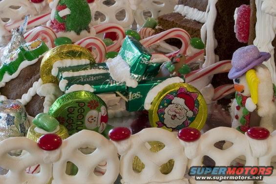 Gingerbread house decorated with candy canes, chocolates, and a snowman figure