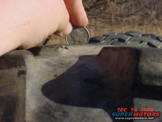 Close-up of a coin placed on a tire tread, showing tread depth