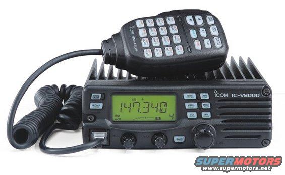 Icom IC-V8000 radio with microphone and coiled cord. Display shows 147.340