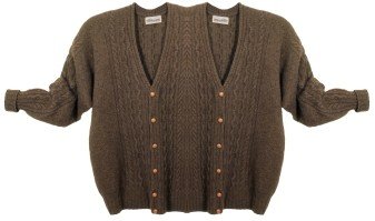Brown cable-knit cardigan with double-breasted buttons and textured sleeves