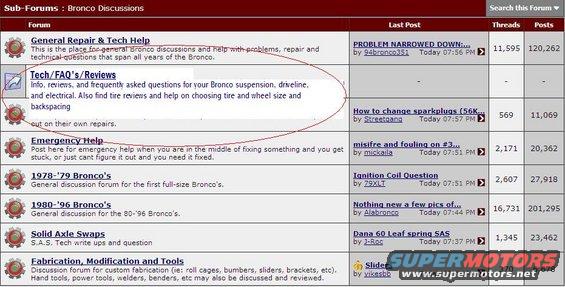 Ford Bronco forum discussion board with sections like Tech/FAQ's/Reviews and Emergency Help