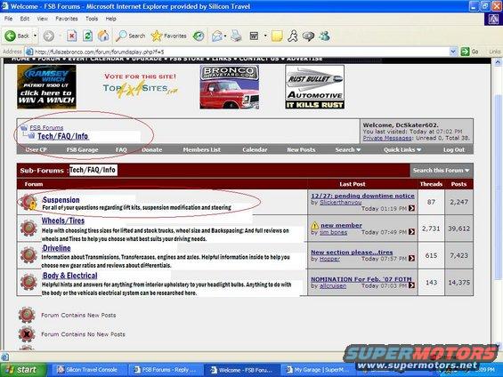 Screenshot of FSB Forums website, showing a list of sub-forums like Suspension and Wheels/Tires