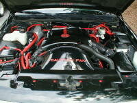 Engine bay with custom red hoses and black covers. Text on fan shroud reads 'CAUTION FAN'
