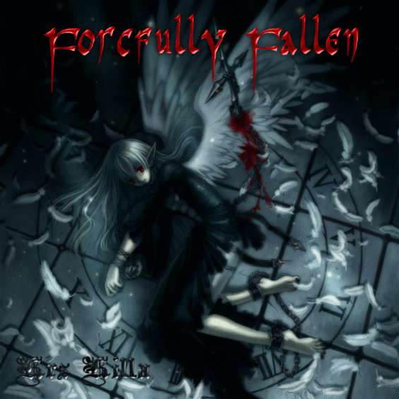 Dark figure with wings in a chaotic, smoky scene with red text above