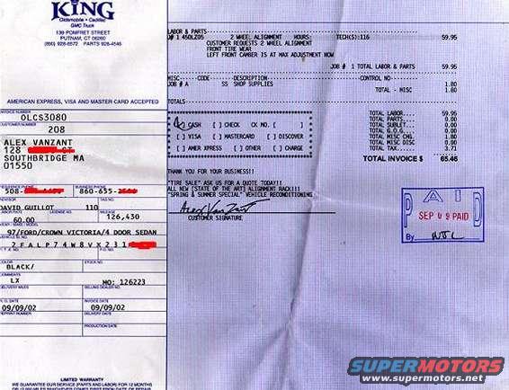 Service invoice with vehicle details and payment information