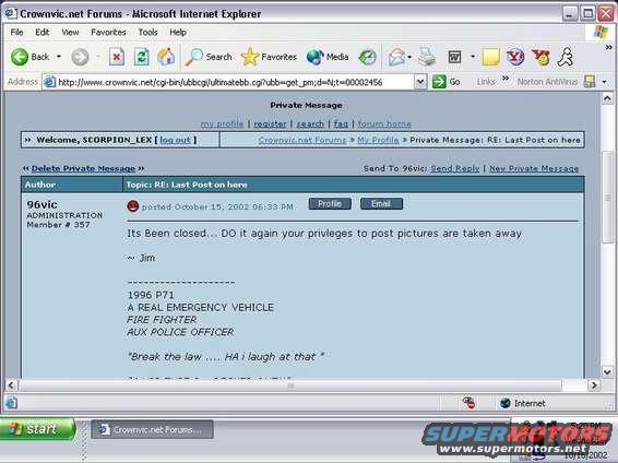 Screenshot of a forum post discussing a 1996 P71, a real emergency vehicle, fire fighter, aux police officer