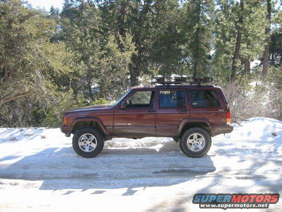 Maroon 2000 Jeep Cherokee with roof rack parked on a snowy road