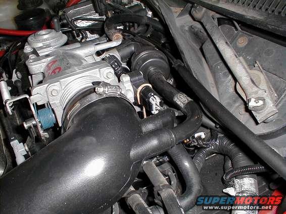 Engine intake manifold with throttle body and hoses, close-up view