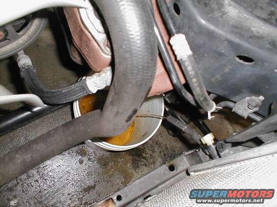 Engine bay with hoses and a bowl catching a coolant leak