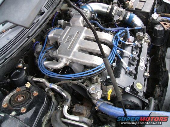 Engine bay with silver intake manifold, blue spark plug wires, and black valve covers. Ford logo visible