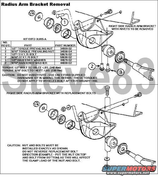 radiusarmbrktrplc.jpg TSB 91-21-08 (Excerpt)

For this full & other TSBs, check [url=www.bbbind.com/tsb-wiring-diagrams-database/]here[/url].

Replacing the RIGHT side radius arm bracket fasteners on vehicles built prior to February 1990.
(This does not apply to F-350 4X4 or F-250 4X4 because no radius arms are used).

NOTE: THE SPECIFIED FASTENERS AND TORQUE REQUIREMENTS MUST BE USED. SEE THE DIAGRAM FOR A DESCRIPTION OF PARTS CONTAINED IN THE RIGHT SIDE RADIUS ARM BRACKET KIT (E8TZ-3L095-A). REPLACE ONE RIVET AT A TIME TO MAINTAIN BRACKET LOCATION.

a. Start with rivet number one (1). Drill an 1/8&quot; hole through the middle of the rivet

b. Drill the same hole with an 11/32&quot; drill.

c. Use an air chisel to remove the rivet head.

d. Drive the rivet out with a punch.

e. Line ream the rivet hole in the frame web to a 1/2&quot; diameter.

f. Install a 1/2&quot; Grade 8 bolt. The bolt head must be on the inboard side of the frame. Install a 1/2&quot; hardened washer on the outside of the bracket. Install the nut and tighten to 105 lb.ft. (142 N-m).

g. Remove the number two (2) rivet using Steps a through d.

h. Line ream the number two (2) rivet hole on the frame flange to a 9/16&quot; diameter.

i. Install a 9/16&quot; Grade 8 bolt. The bolt head must be on the inboard side of the frame flange. Install a 9/16&quot; hardened washer on the outboard side of the bracket. Install the nut and tighten to 140 lb.ft. (190 N-m).

j. Repeat steps h and i for the number three (3) rivet.

NOTE: MAKE SURE THE TORQUE SPECIFICATIONS ARE FOLLOWED.

CAUTION: THE FOLLOWING STEPS APPLY ONLY TO BRONCO VEHICLES BUILT AFTER FEBRUARY 1990. THE ATTACHMENT HARDWARE (NUTS AND BOLTS) USED IN THE SERVICE REPAIR AND PRODUCTION ARE DIFFERENT AND THE TORQUE SPECIFICATIONS ARE DIFFERENT. DO NOT APPLY THESE STEPS ON BRONCOS BUILT BEFORE FEBRUARY 1990.

k. Check the torque on the nuts securing the right hand radius arm pivot bracket.

l. Check and adjust, if required, the torque of the nuts securing the right hand radius arm pivot bracket to the frame flange. The correct torque is 75 lb.ft. (100N-m).

m. Check and adjust, if necessary, the torque of the nuts securing the right hand radius arm pivot bracket to the frame web (side rail). The correct torque is 110 lb.ft. (150N-m).

See also:
[url=https://www.supermotors.net/registry/media/260055][img]https://www.supermotors.net/getfile/260055/thumbnail/rivetreplacement.jpg[/img][/url] . [url=https://www.supermotors.net/registry/media/194329][img]https://www.supermotors.net/getfile/194329/thumbnail/body-mounts.jpg[/img][/url] . [url=https://www.supermotors.net/registry/media/255498][img]https://www.supermotors.net/getfile/255498/thumbnail/d44ifsusp.jpg[/img][/url] . [url=https://www.supermotors.net/registry/media/781342][img]https://www.supermotors.net/getfile/781342/thumbnail/29radiusarm.jpg[/img][/url] . [url=https://www.supermotors.net/registry/media/789835][img]https://www.supermotors.net/getfile/789835/thumbnail/49bracket.jpg[/img][/url] . [url=https://www.supermotors.net/registry/media/1063995][img]https://www.supermotors.net/getfile/1063995/thumbnail/energy4.7110g.jpg[/img][/url]