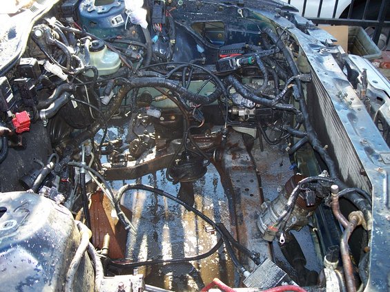 Engine bay with removed engine, exposed wiring, and wet floor