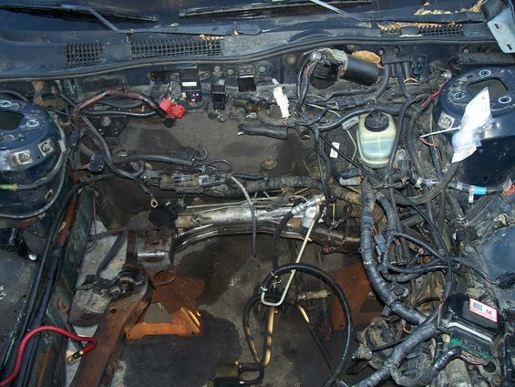 Engine bay with engine removed, showing wiring and frame components