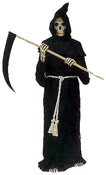 Grim Reaper figure holding a scythe, wearing a black robe and hood
