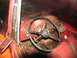1952 Ford Pickup - The interior of a red pickup truck is visible, a black steering wheel and a red dashboard with gauges.