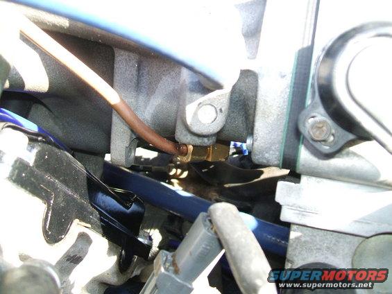 Close-up of a brass fitting connected to a brown hose near a gray engine component