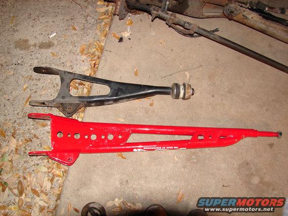 Red and black suspension control arms on concrete. Text on red arm reads 'THE REAR OF SUSPENSIONS'