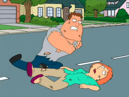 Cartoon man and woman fighting on a suburban street, both with torn clothes