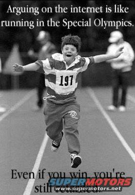 Child with number 197 on chest running on a track, with text "Arguing on the internet is like running in the Special Olympics."