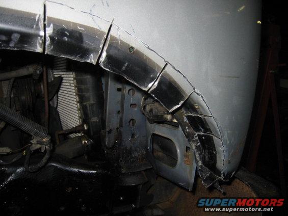 Silver vehicle's front fender cut into sections, showing inner structure and radiator